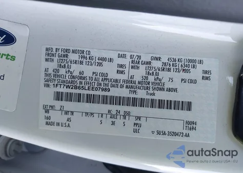 2020 Ford F-250 Xl z USA, uszkodzony, nr VIN 1FT7W2B65LEE07989